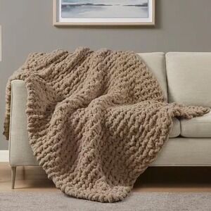 Madison Park Chenille‎ Chunky Knit Throw Blanket – Lt Brown, 100% Polyester NWT